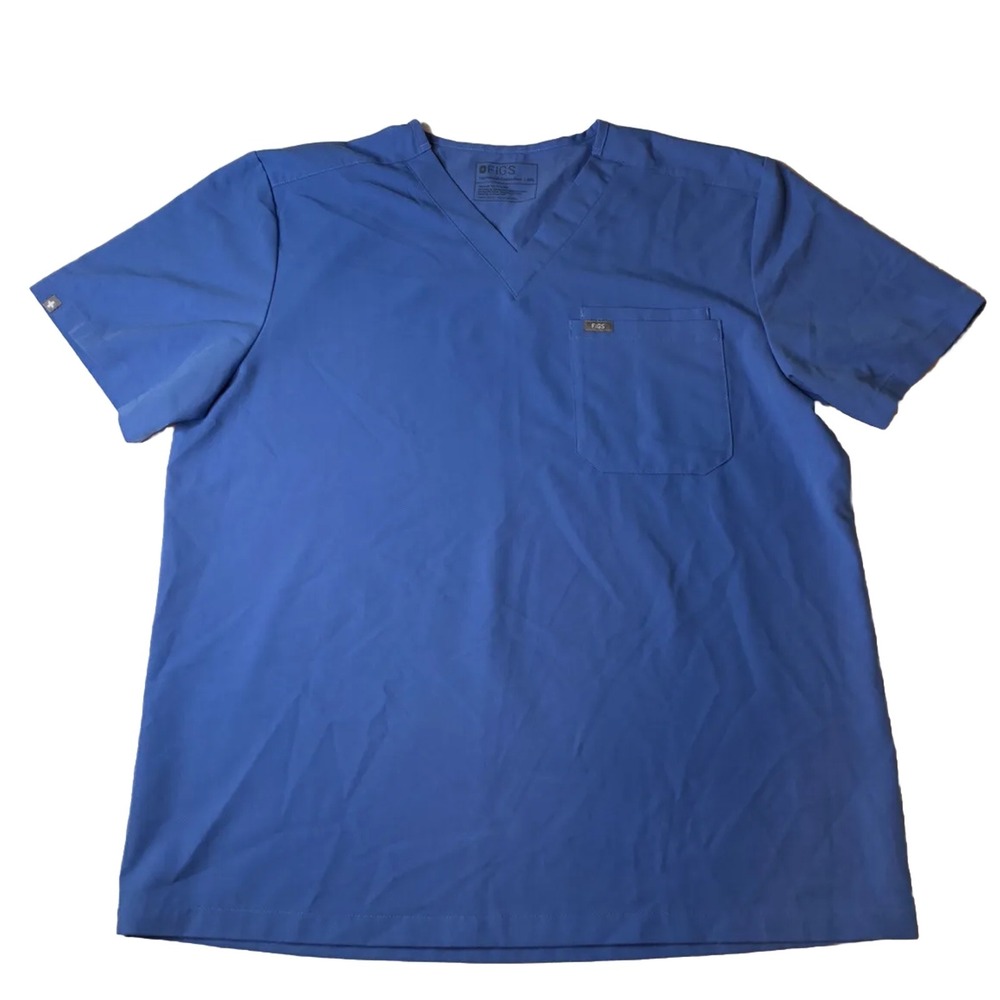 Figs Scrub Top Men's 2XL Blue Scrub Double Pocket V-Neck Nurse Medical